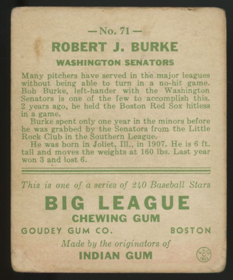 1933 Goudey Robert J. Burke #71 Fair