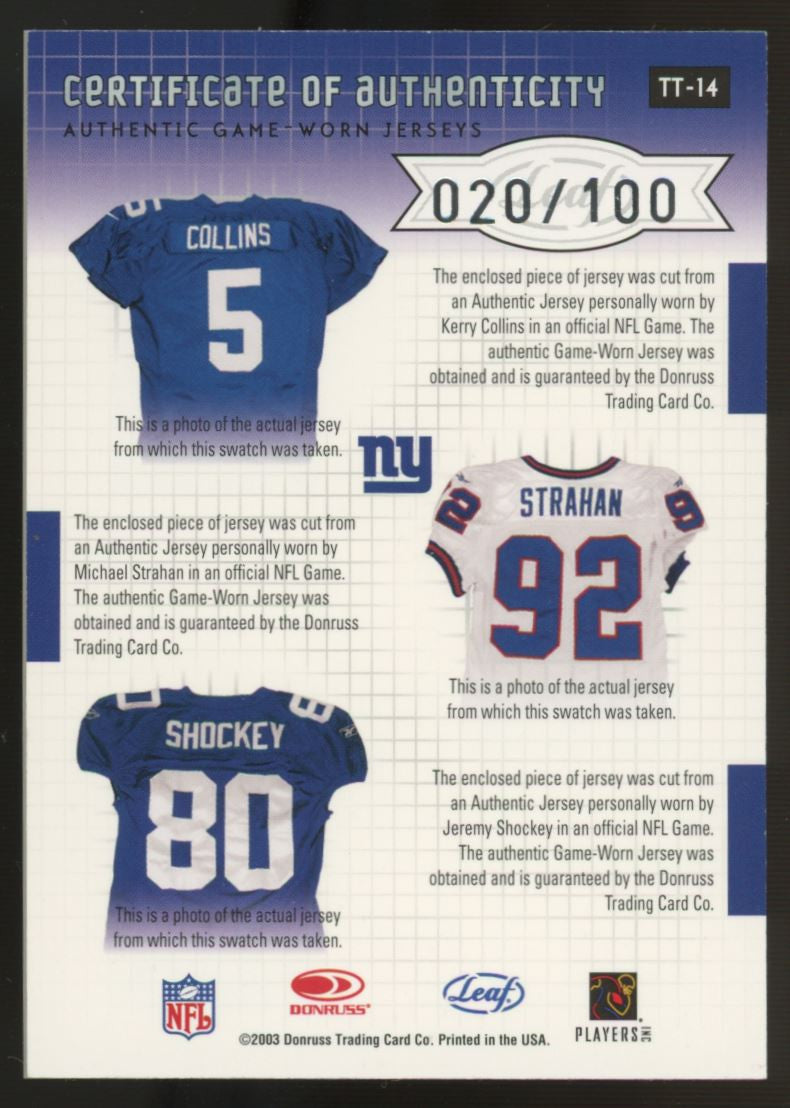 2003 Rookies & Stars Collins Strahan Shockey Triple Threads Jersey /100 #TT-14