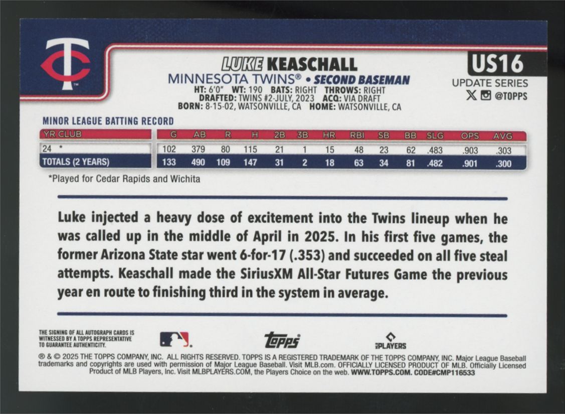 2025 Topps Update Luke Keaschall RC Real One Auto #US16