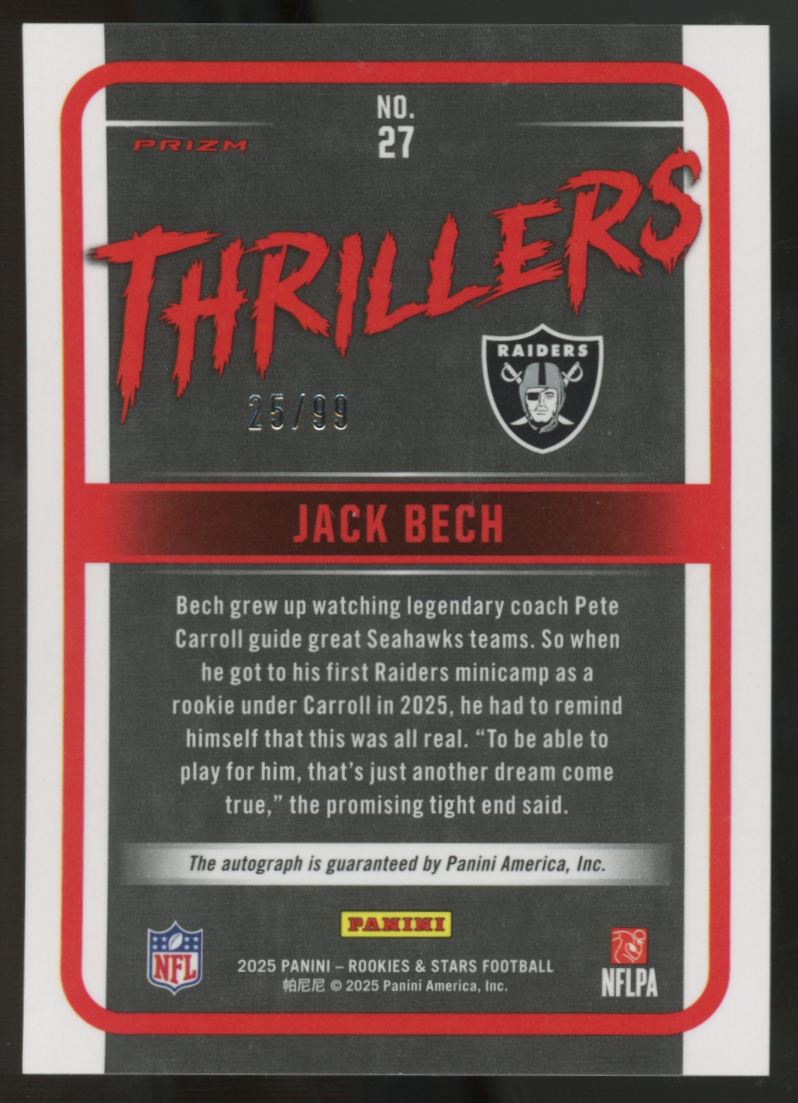 2025 Panini Rookies and Stars Jack Bech RC Thrillers Auto Prizm /99 #27