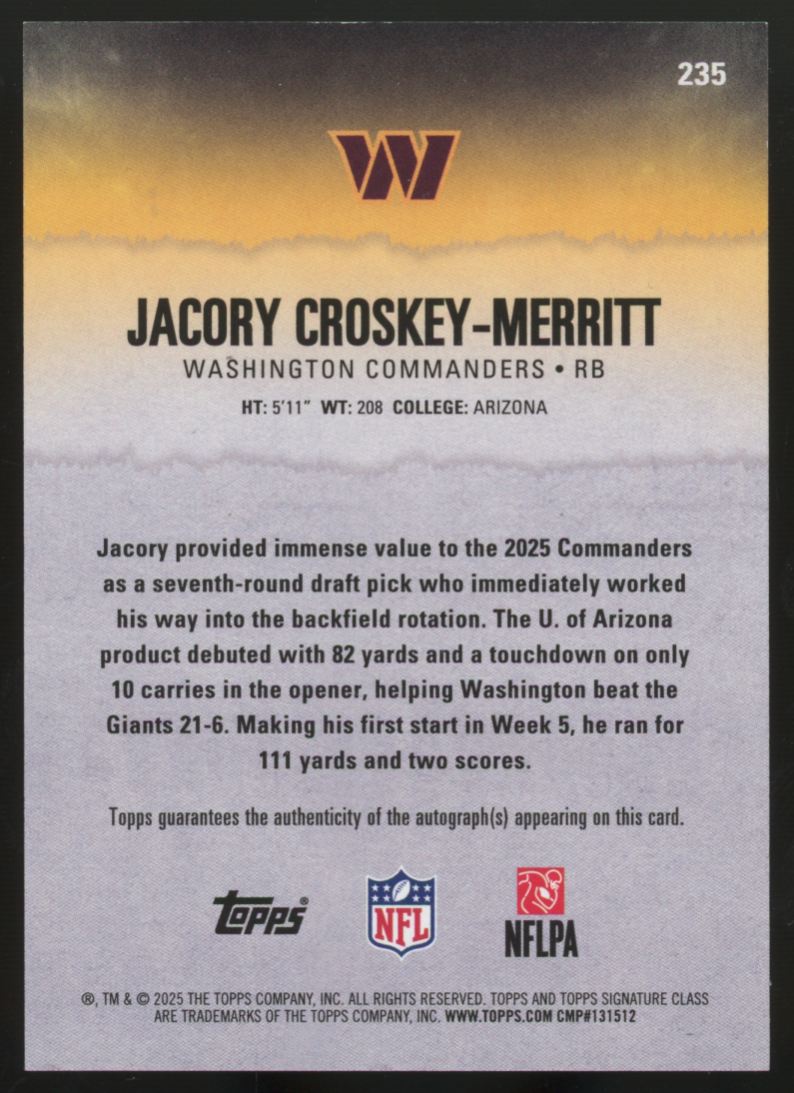 2025 Topps Signature Class Jacory Croskey-Merritt RC Auto #235