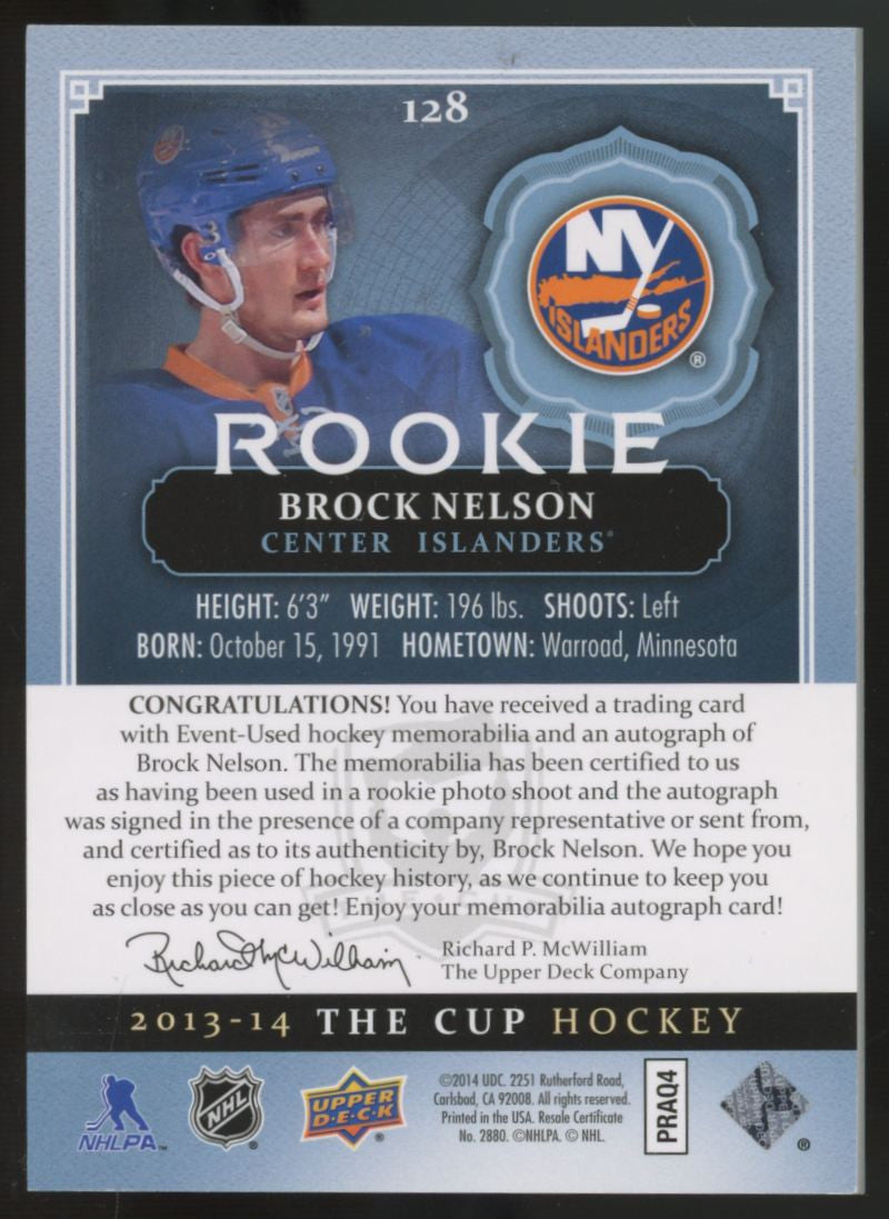 2013-14 Upper Deck The Cup Brock Nelson RC Patch Auto RPA /249 #128