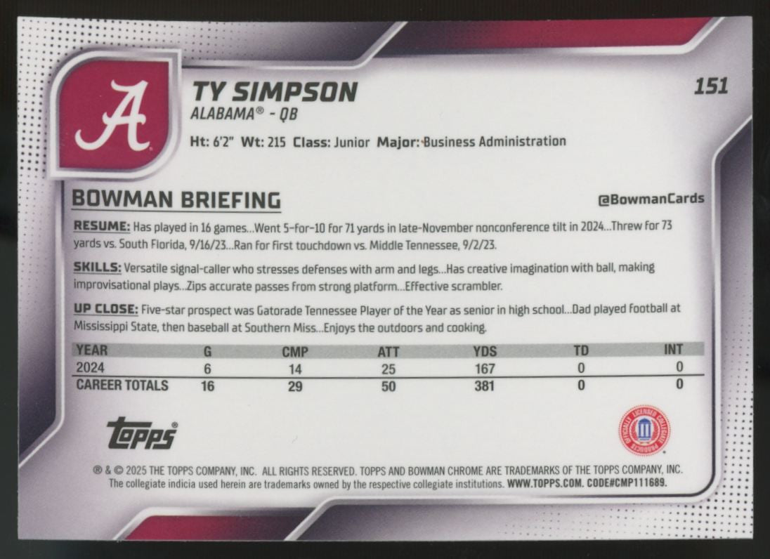 2025 Bowman Chrome University Ty Simpson Fuchsia Refractor /225 #151