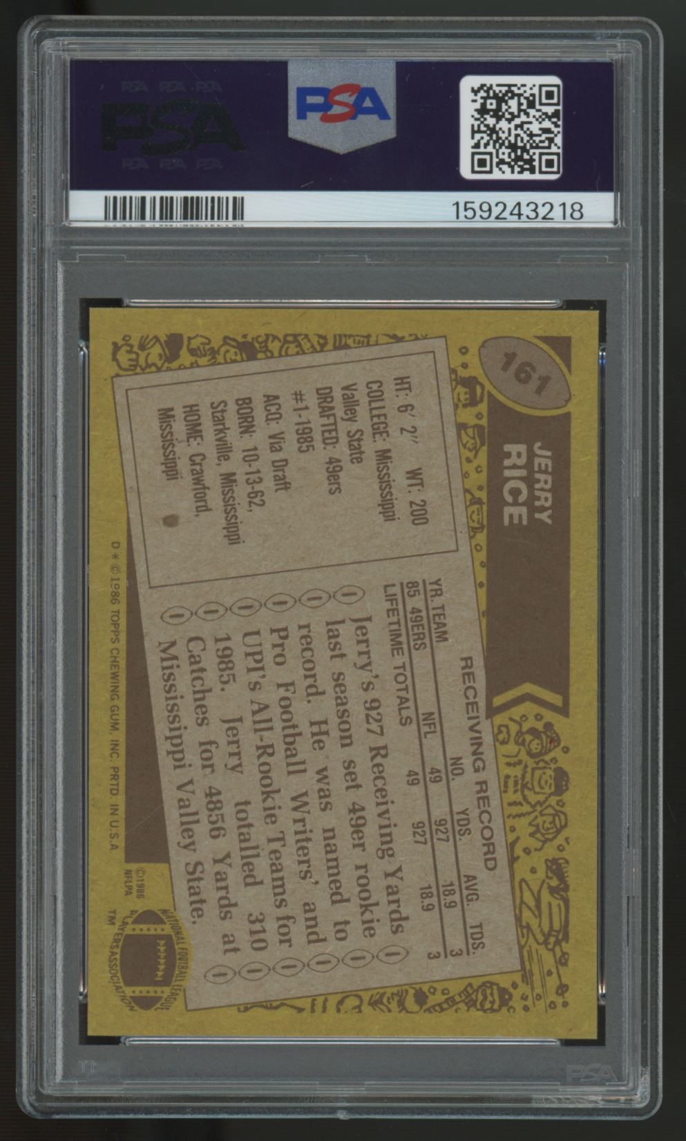 1986 Topps Jerry Rice RC #161 PSA 8 "A"