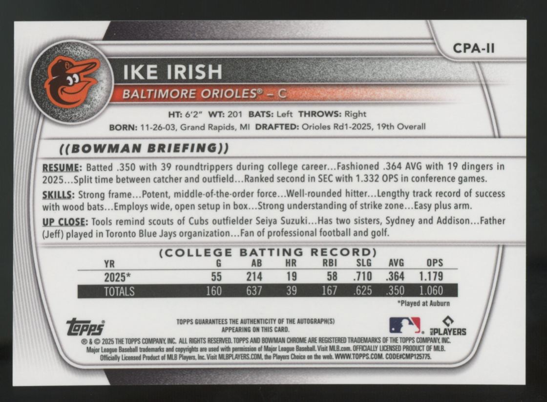 2025 Bowman Draft Ike Irish 1st Chrome Prospect Auto #CPA-II