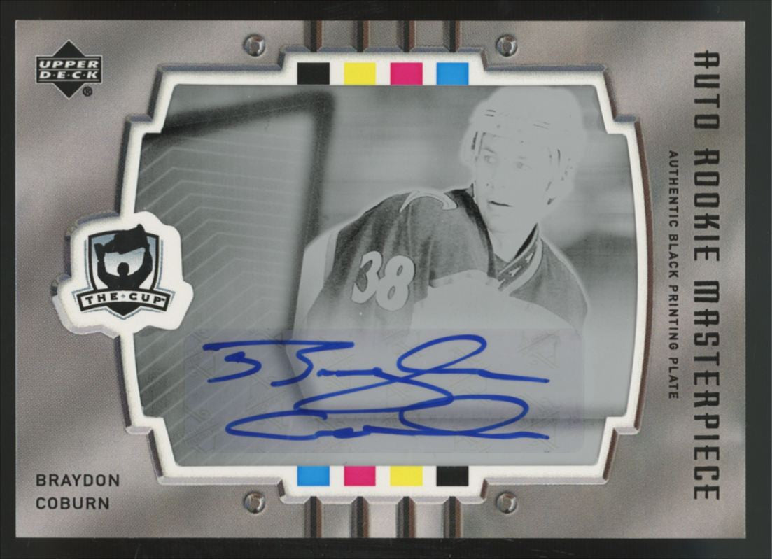2005-06 UD The Cup Braydon Coburn RC Masterpieces Auto Black Printing Plate 1/1