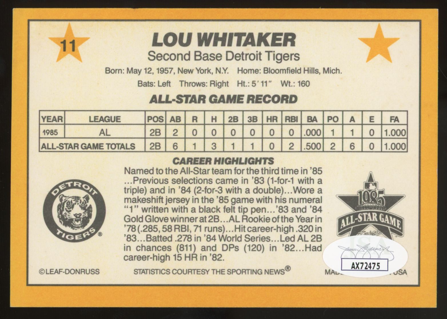 1986 Donruss Action All-Star Lou Whitaker Signed Autographed #11 JSA Authentic