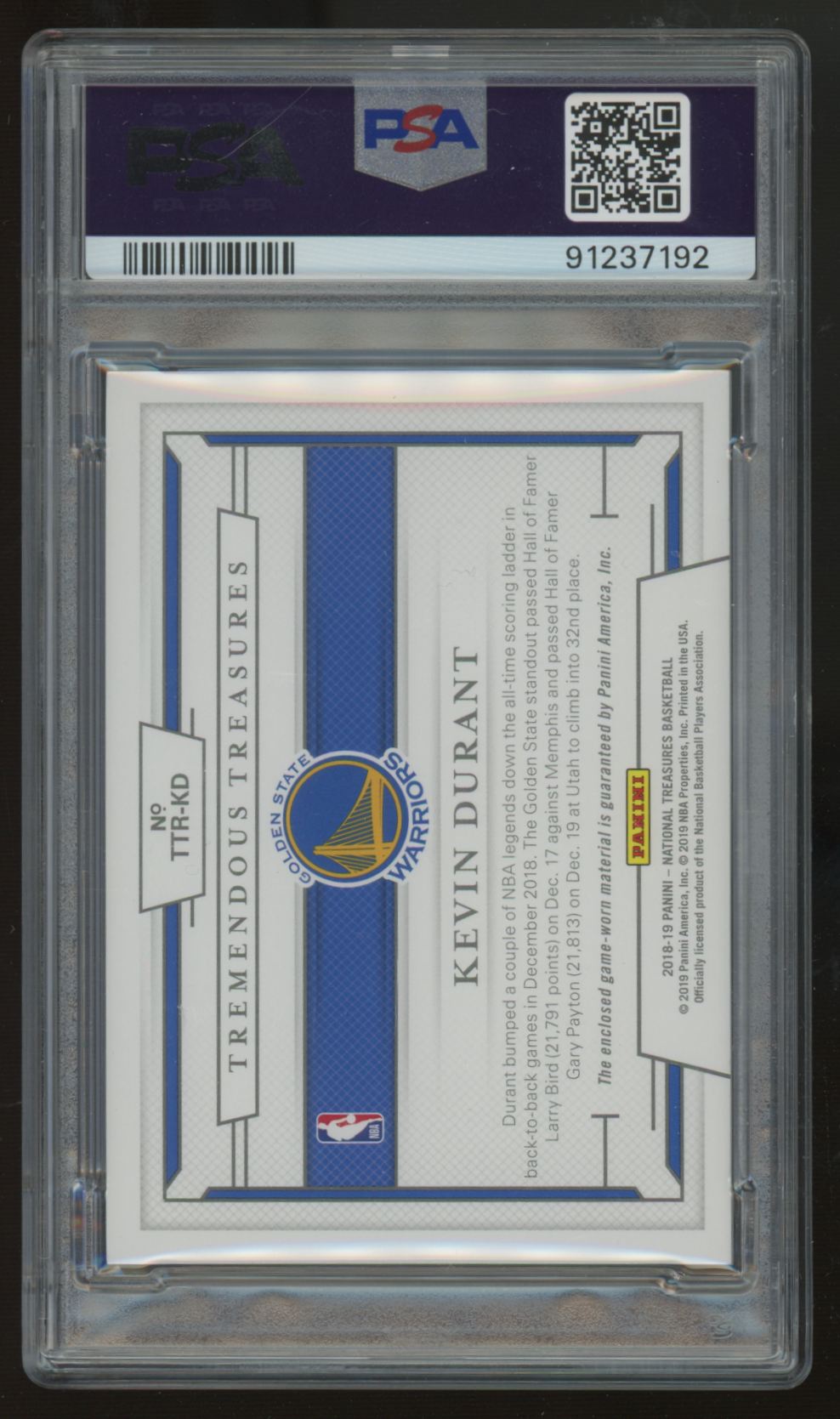 2018-19 National Treasures Kevin Durant Tremendous Treasures Patch /99 PSA 9