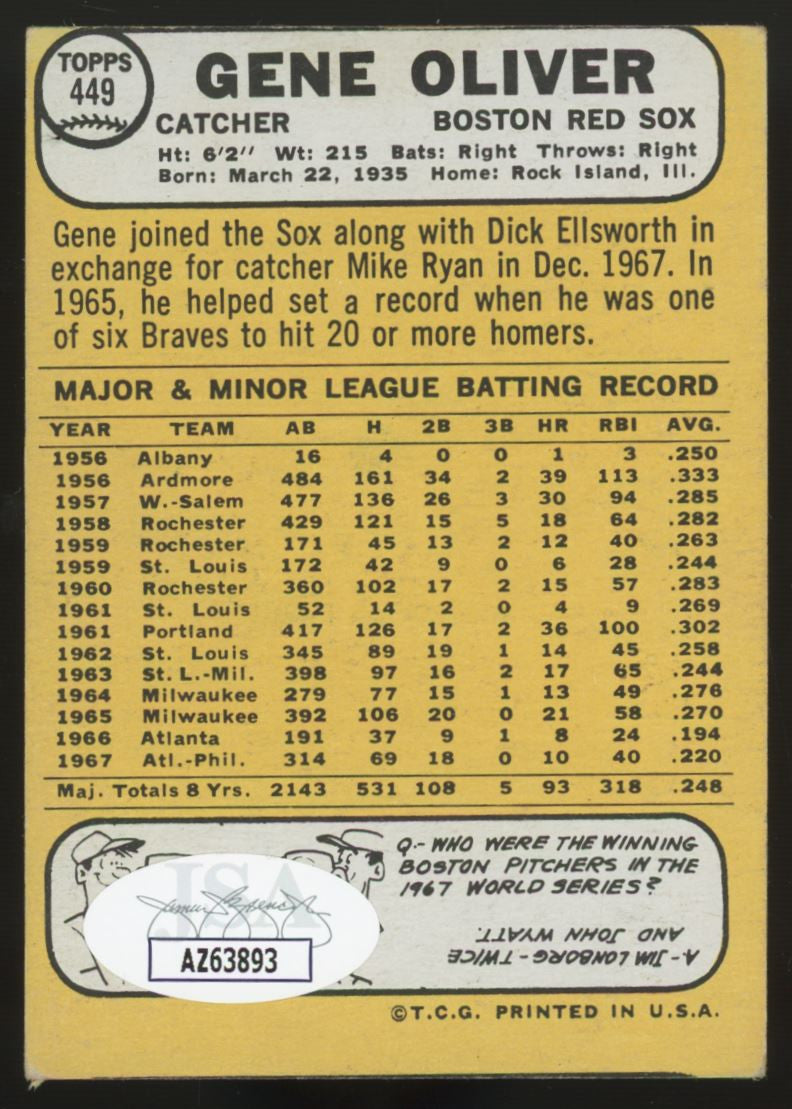 1968 Topps Gene Oliver #449 Signed Auto JSA