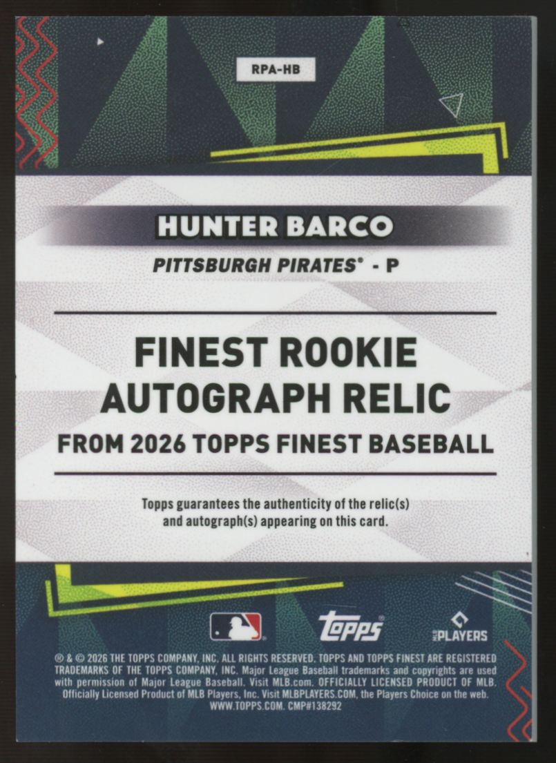2026 Topps Finest Hunter Barco RC Patch Auto RPA Gold /50 #RPA-HB
