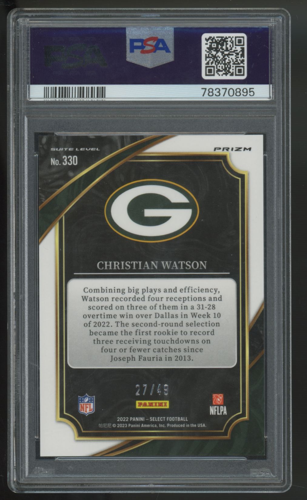 2022 Panini Select Christian Watson RC Suite Level Red Disco /49 #330 PSA 9