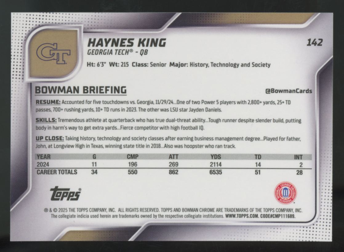 2025 Bowman Chrome U Haynes King 1st Black & White Stealth Refractor /48 #142