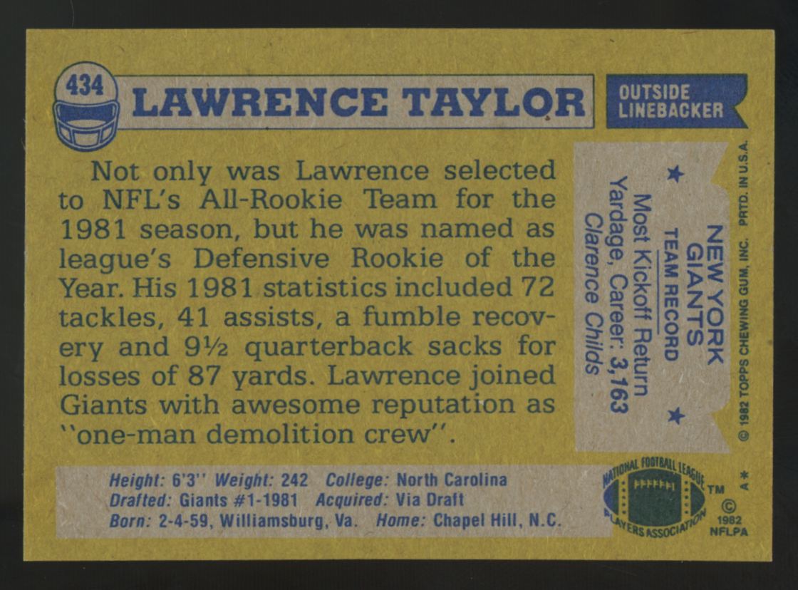 1982 Topps Lawrence Taylor RC #434 NM "A"