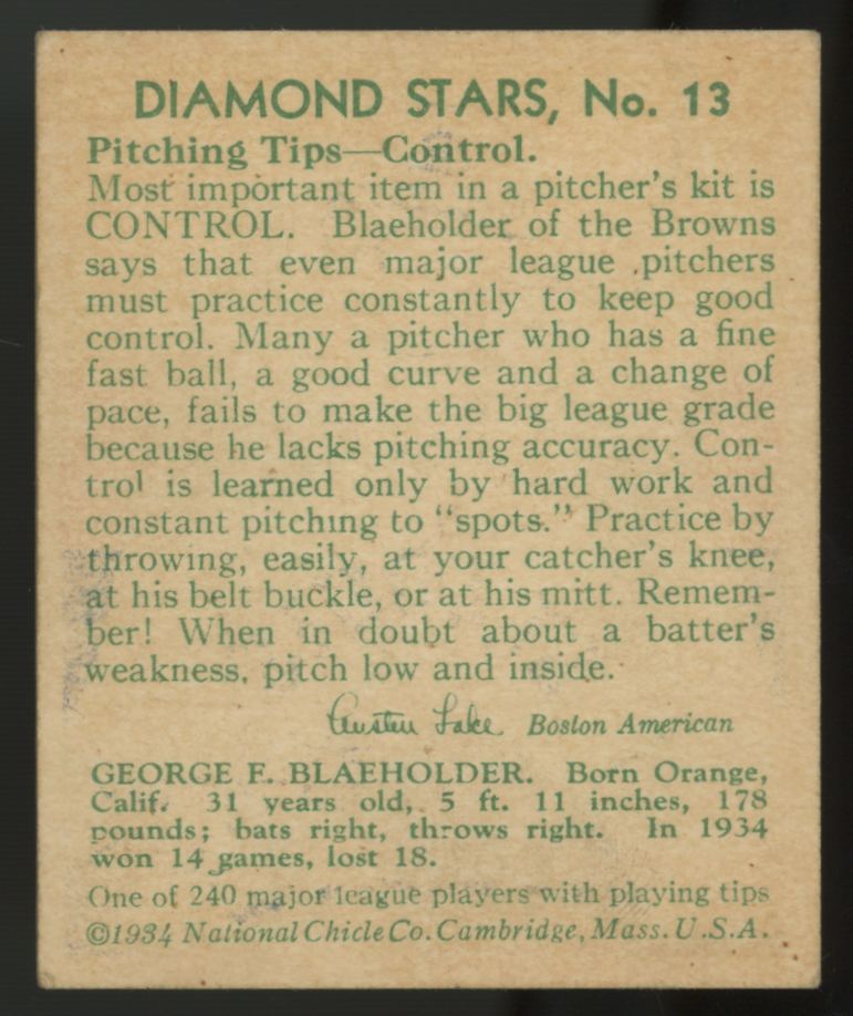 1934 National Chicle George Blaeholder Diamond Stars #13 EX