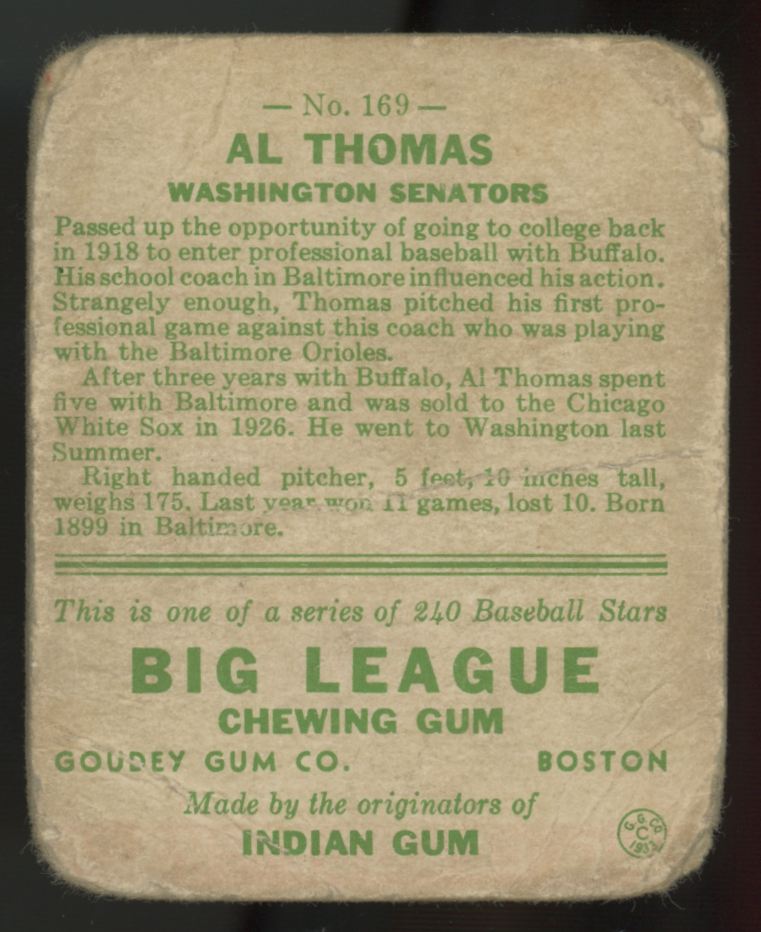 1933 Goudey Al Thomas #169 Poor