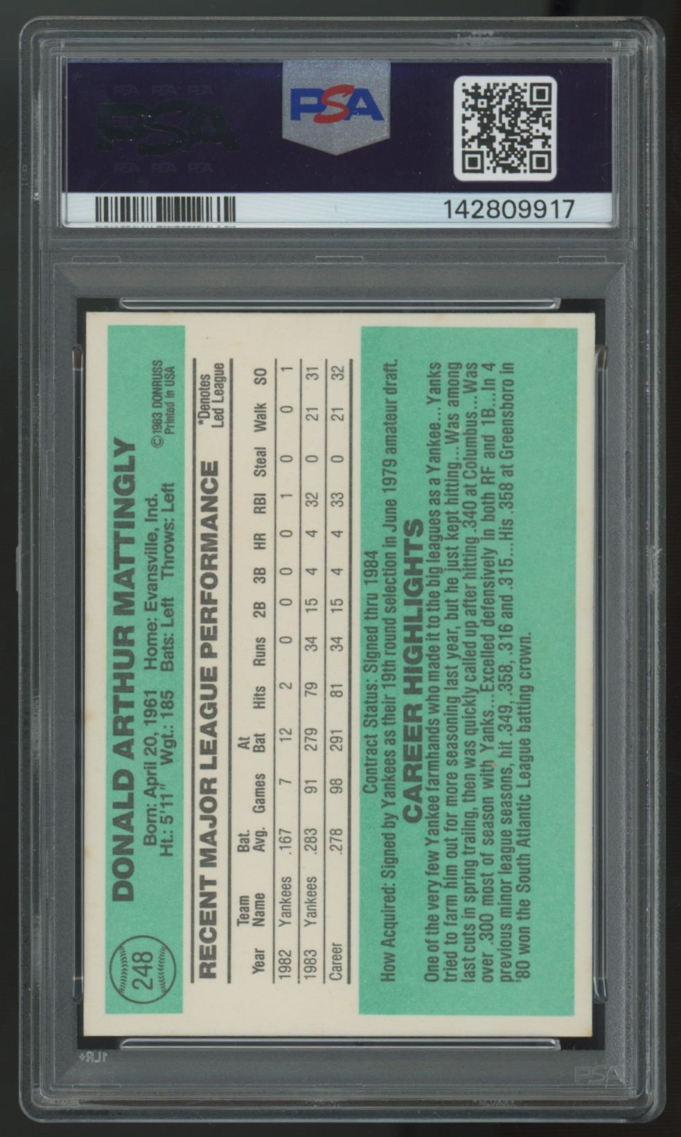 1984 Donruss Don Mattingly RC #248 PSA 9 *917