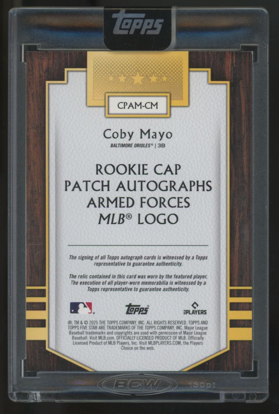 2025 Topps Five Star Coby Mayo RC Armed Forces Cap Logo Patch Auto RPA 1/1