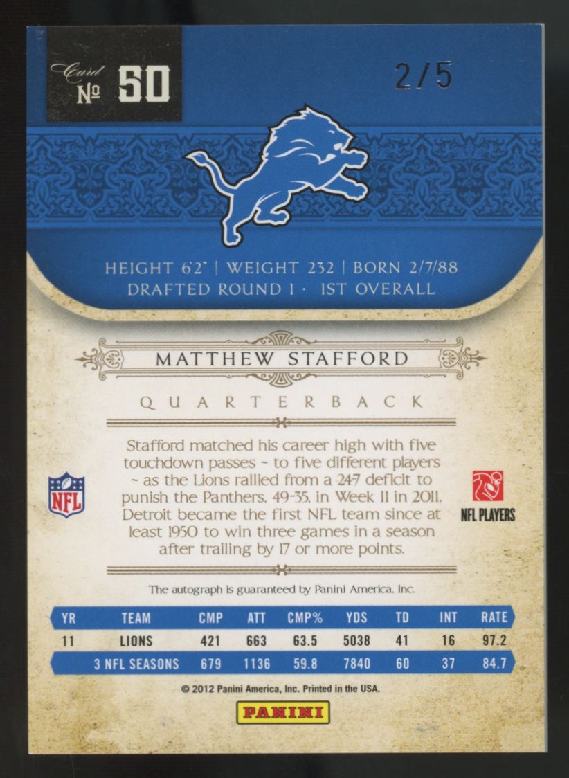 2012 Panini National Treasures Century Matthew Stafford Auto /5 #50