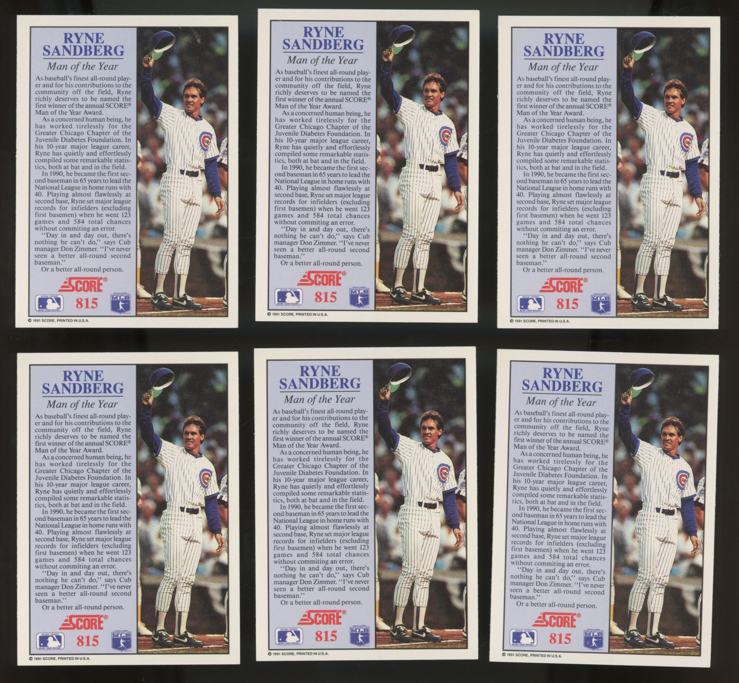 1991 Score Ryne Sandberg Score's 1990 Man Of The Year #815 (Lot Of 10)