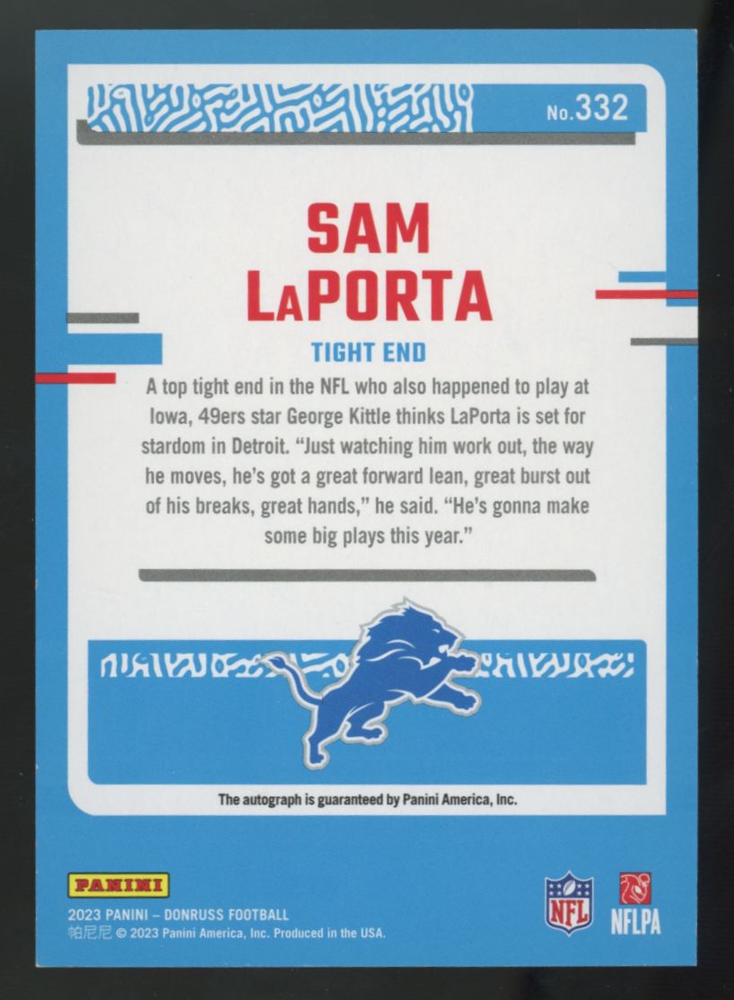 2023 Panini Donruss Sam LaPorta RC Blue Rated Rookie Auto #332