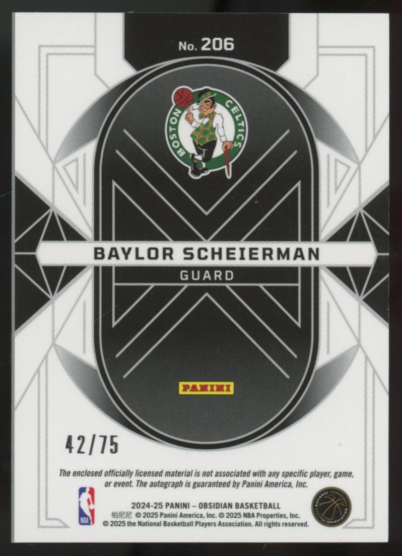 2024-25 Panini Obsidian Baylor Scheierman RC Patch Auto RPA Purple /75 #206