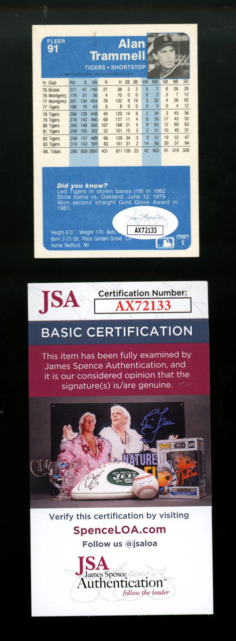 1984 Fleer Alan Trammell #91 Signed Autographed Card JSA