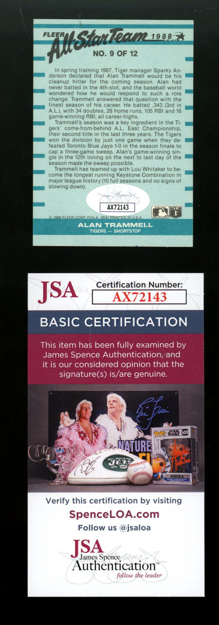1989 Fleer Alan Trammell All Star #9 Signed Autographed Card JSA