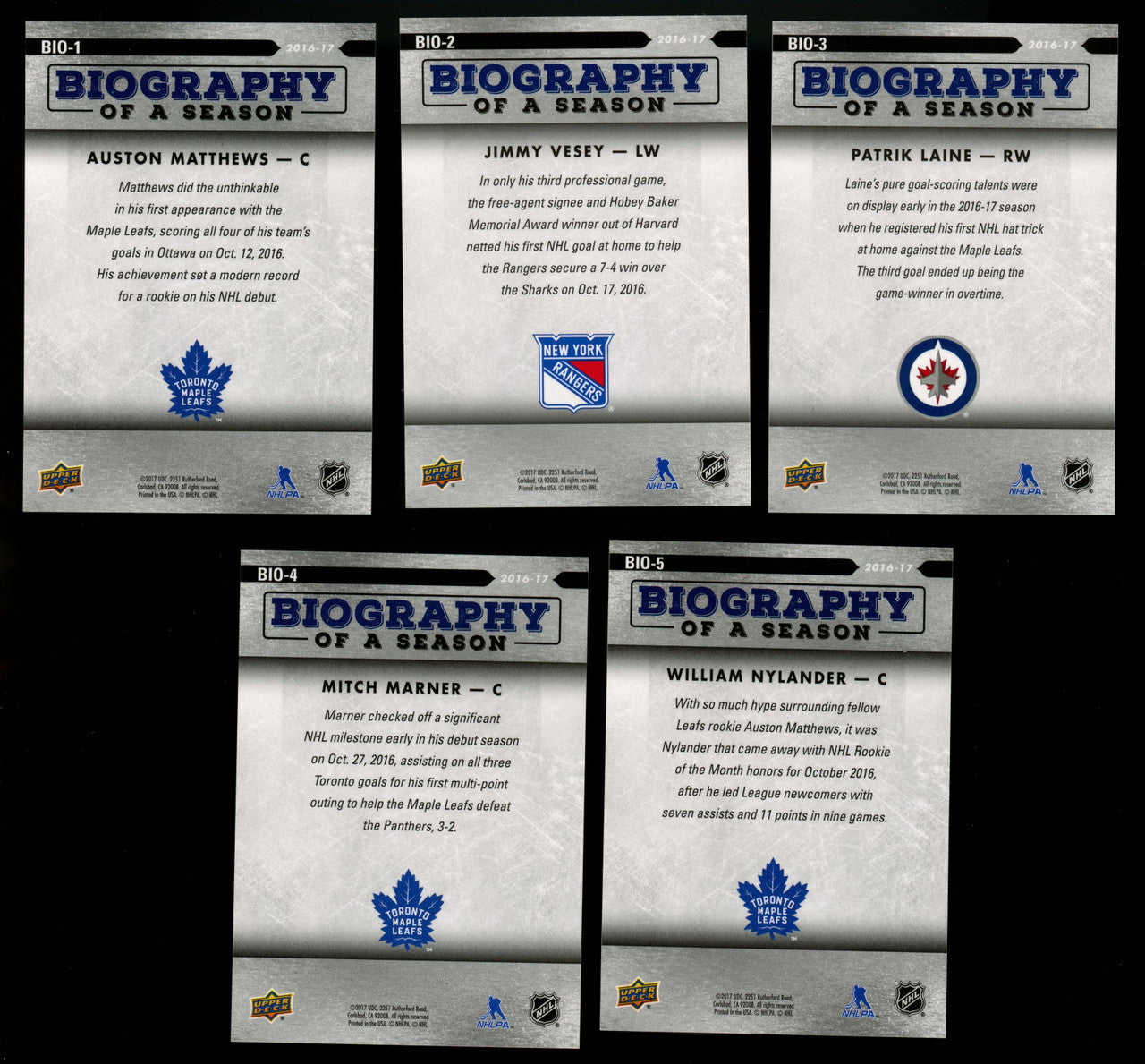 2016/17 Upper Deck Auston Matthews Biography of a Season RC Set (10)