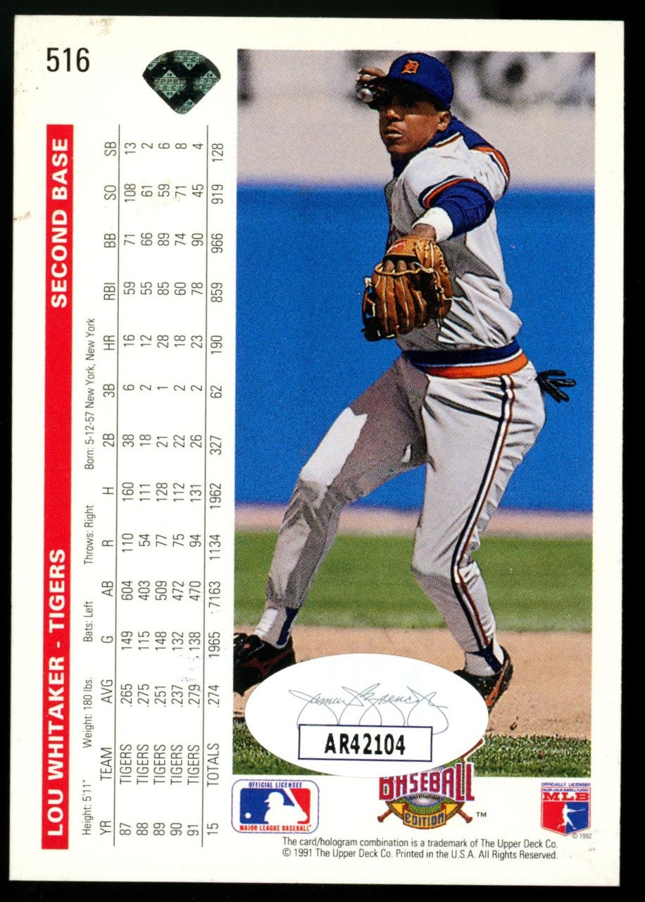 1992 Upper Deck Lou Whitaker #516 Signed Auto JSA