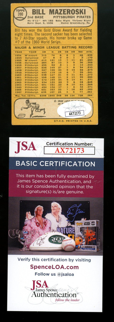 1968 Topps Bill Mazeroski #390 Signed Autographed Card JSA