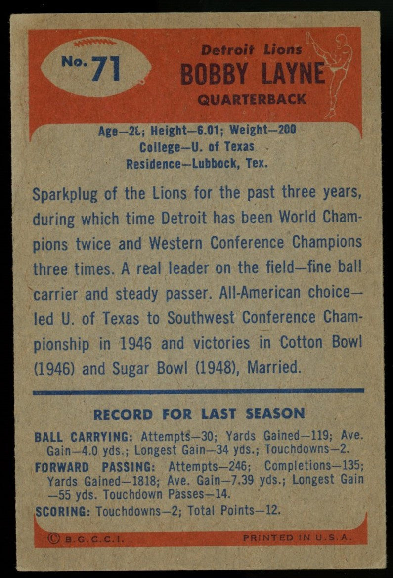 1955 Bowman Bobby Layne #71 VG/EX