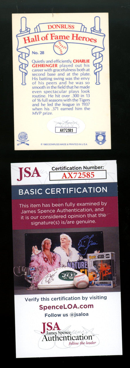 1983 Donruss Charlie Gehringer HOF Heroes #28 Signed Autographed Card JSA