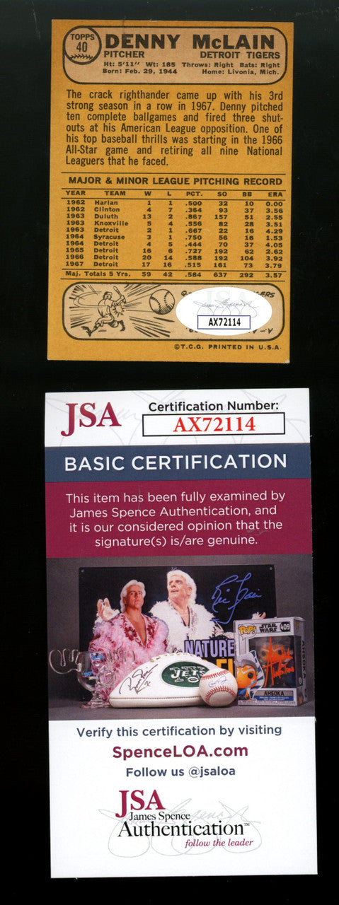 1968 Topps Denny McLain #40 Signed Autographed Card JSA