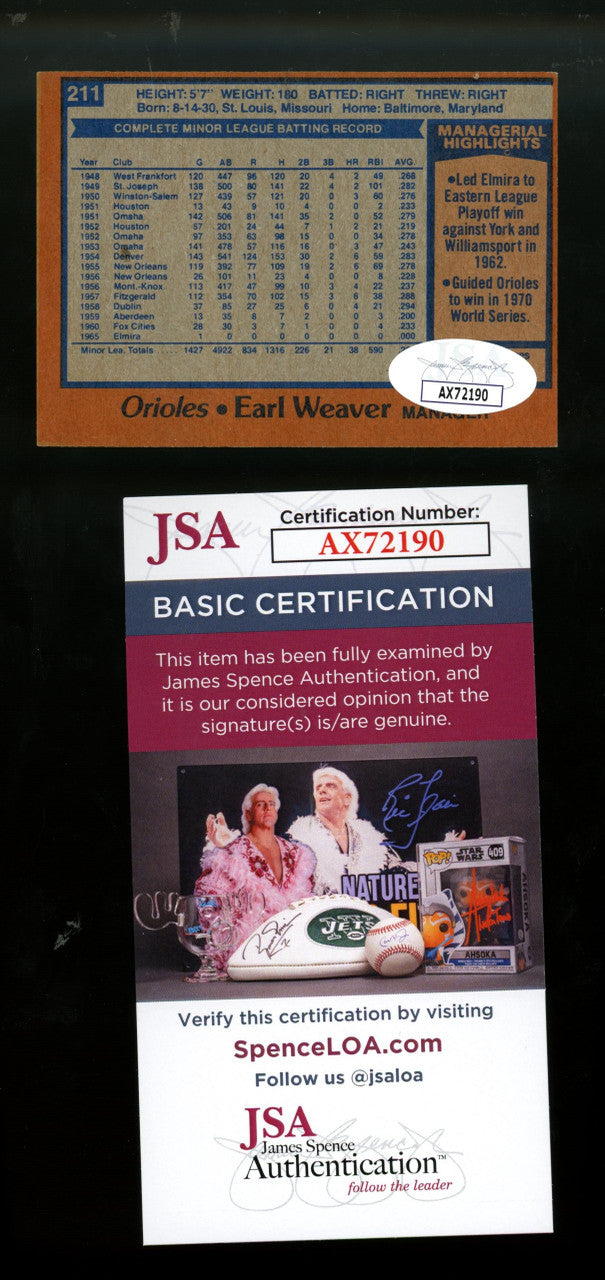 1978 Topps Earl Weaver #211 Signed Autographed Card JSA