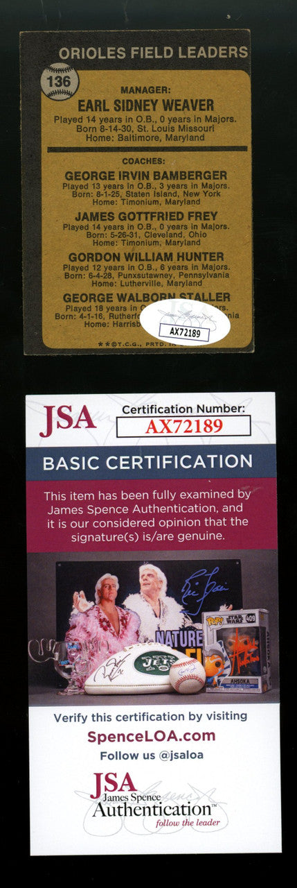 1973 Topps Earl Weaver #136 Signed Autographed Card JSA