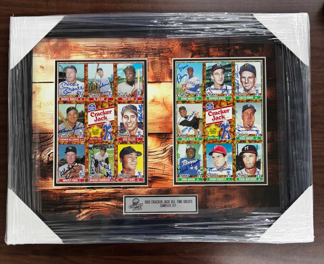 Mantle Mays Aaron +++ Signed Autographed Cracker Jack Sheet Set of 2 JSA Framed