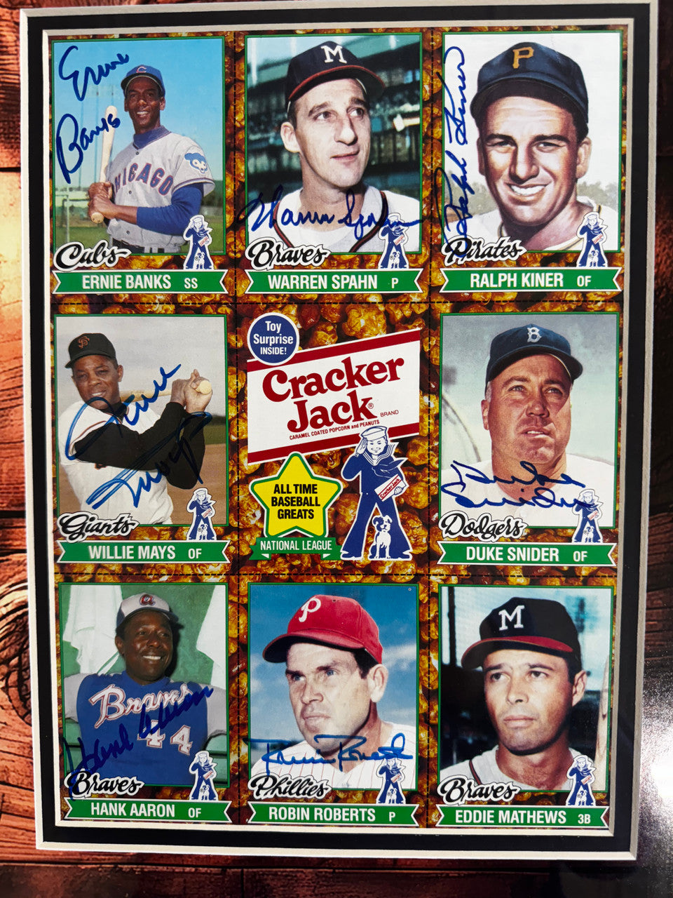 Mantle Mays Aaron +++ Signed Autographed Cracker Jack Sheet Set of 2 JSA Framed