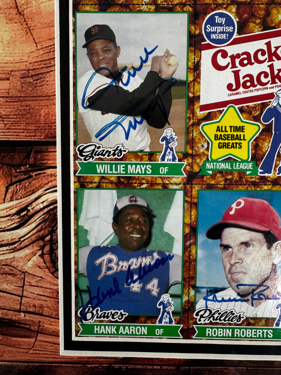 Mantle Mays Aaron +++ Signed Autographed Cracker Jack Sheet Set of 2 JSA Framed