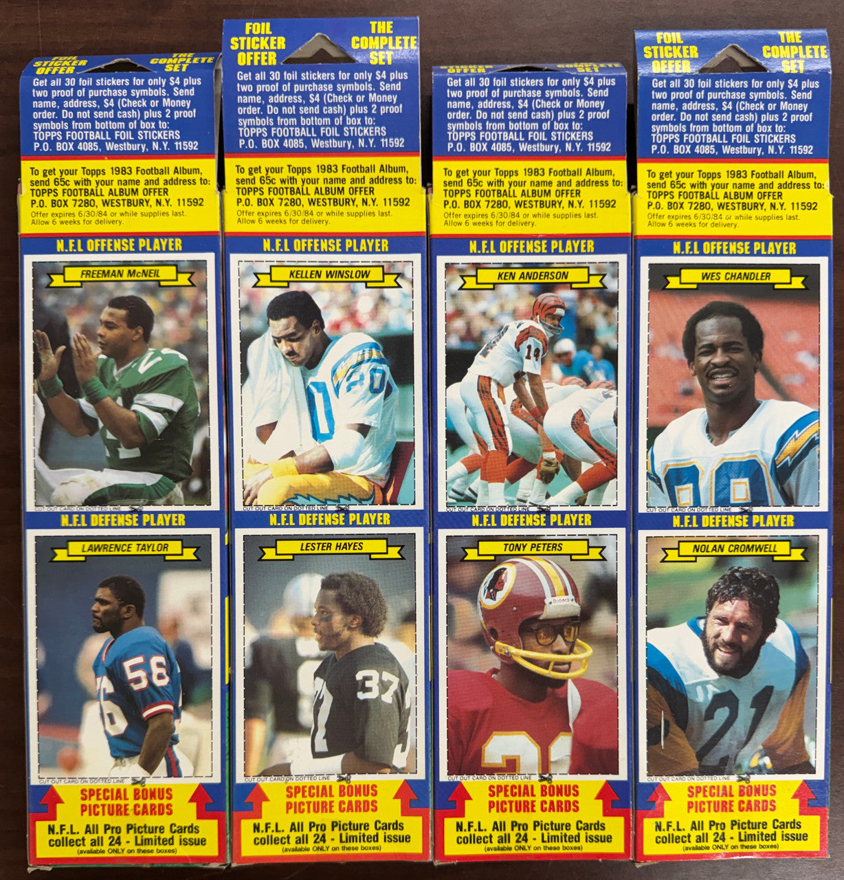 1983 Topps Football Album Stickers Hanger Box Lot of 4 All Different Backs
