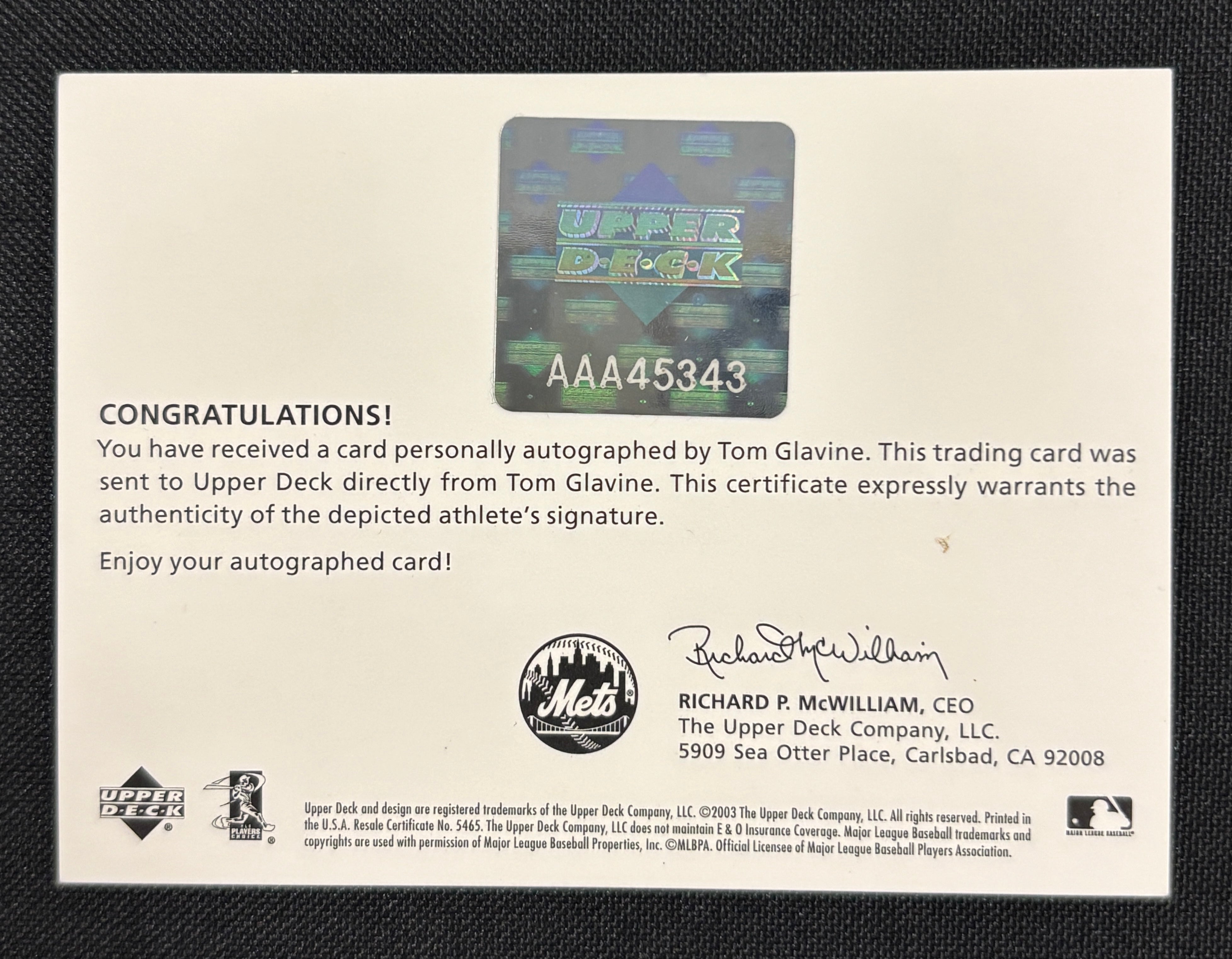2003 UD Authentics Tom Glavine Signed Autograph /150 Framed
