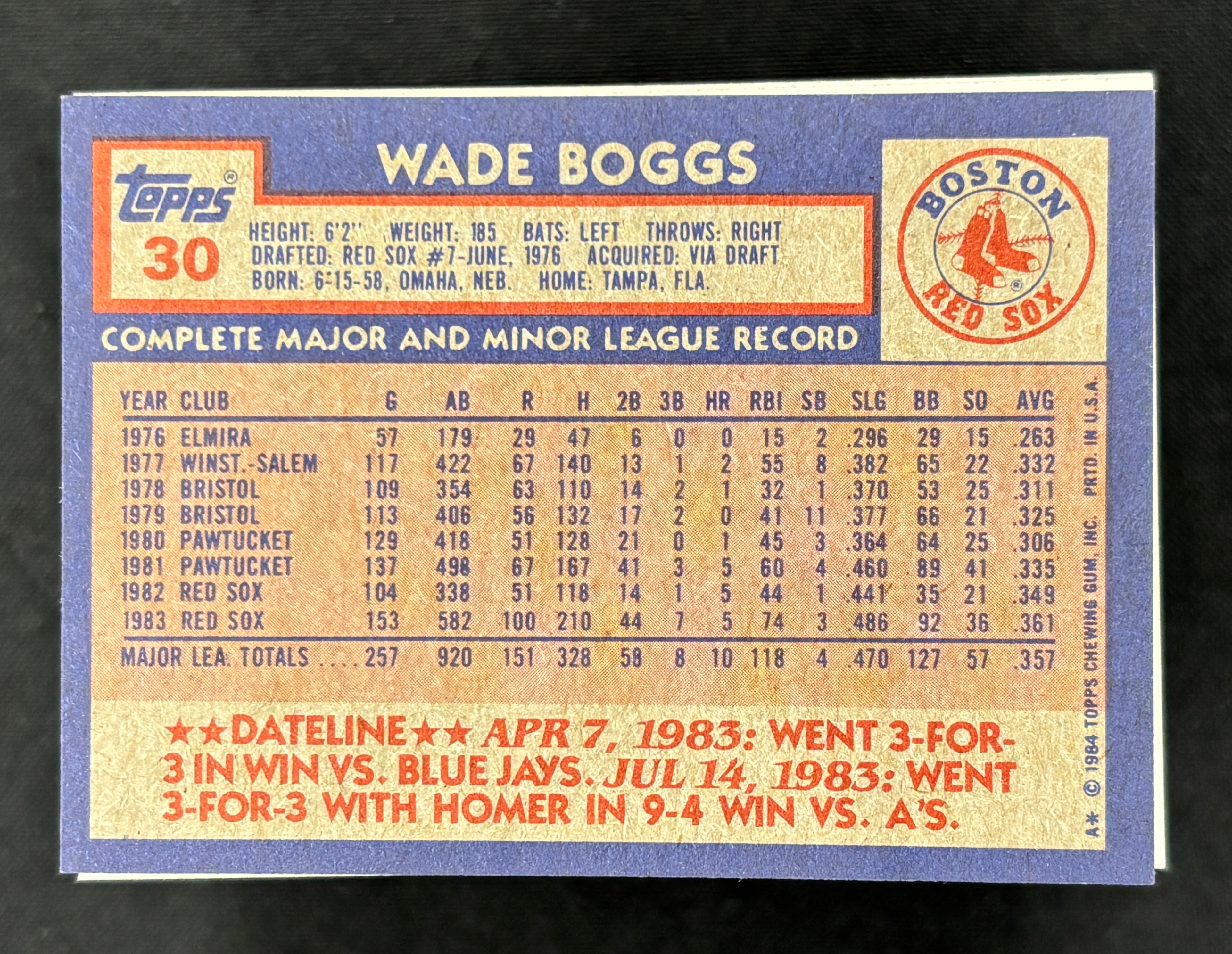 1984 Topps Wade Boggs #30 (Lot of 190)