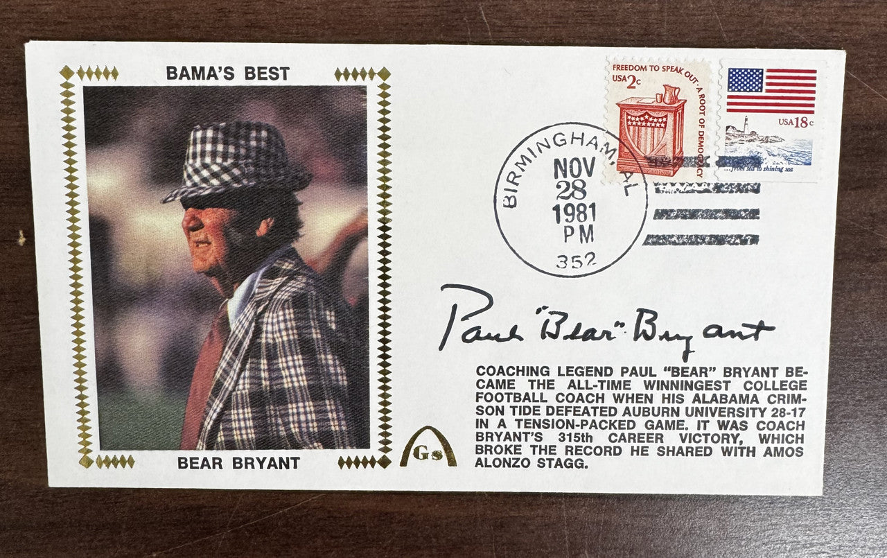 Paul Bear Bryant Signed Autographed Bama's Best Cache Envelope JSA