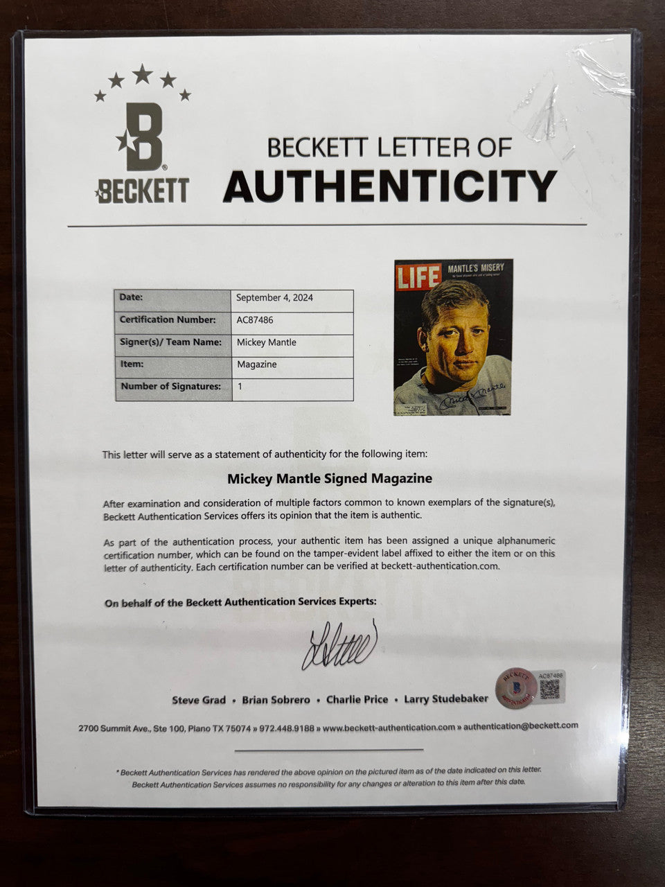 Mickey Mantle Autographed Life Magazine BAS Letter