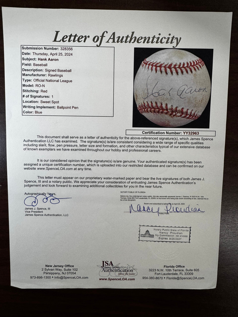 Hank Aaron Signed Autographed Baseball ONL Baseball JSA Letter