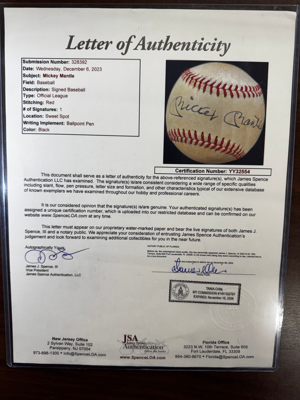 Mickey Mantle Signed Autographed Official League Baseball JSA Letter