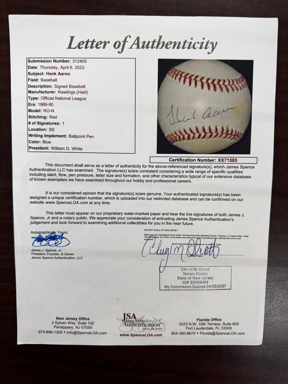 Hank Aaron Signed Autographed Rawlings ONL Baseball JSA Letter