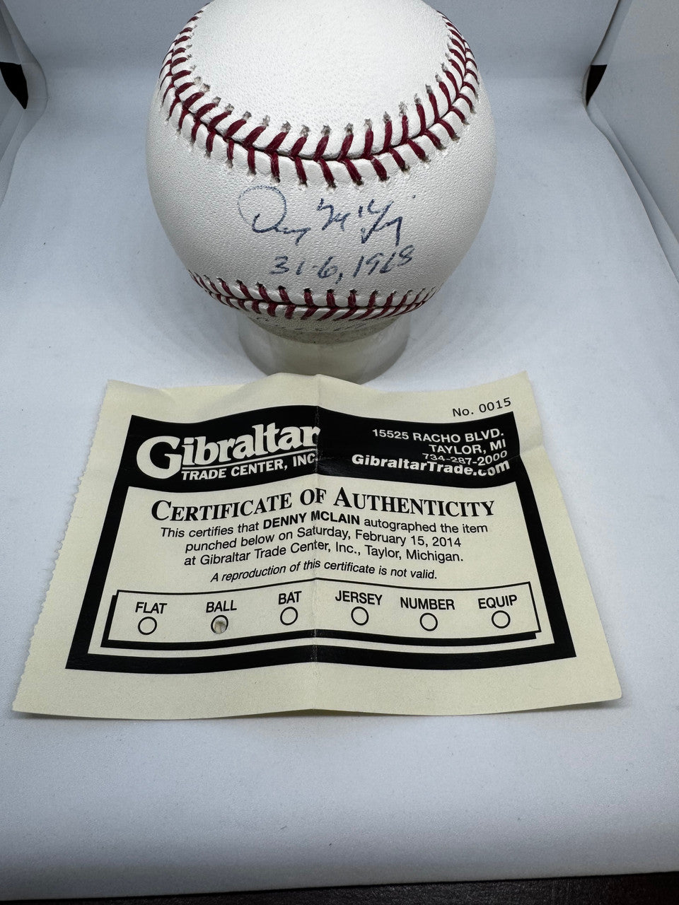 Denny McLain Signed Autographed Inscribed Rawlings OML Baseball Gibraltar