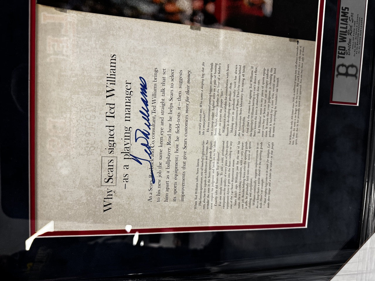 Ted Williams Signed Autographed Framed Magazine Page JSA
