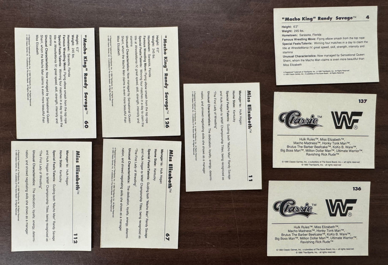 1990 WWF Classic Macho Man Randy Savage and Miss Elizabeth Card Lot VG-EX