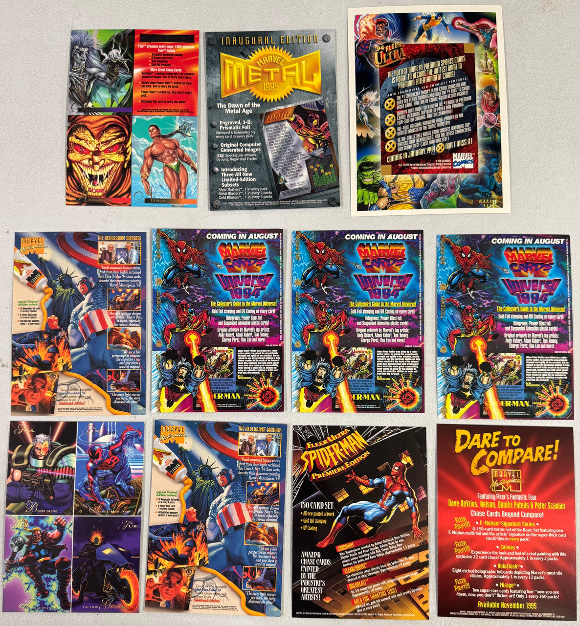 SkyBox/Fleer Marvel Uncut Sheet Collector Card Promo Lot, Spider-Man, Iron Man